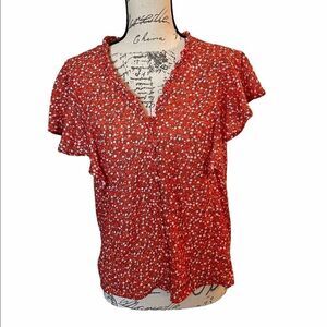 T H M L orange floral print button up top size S